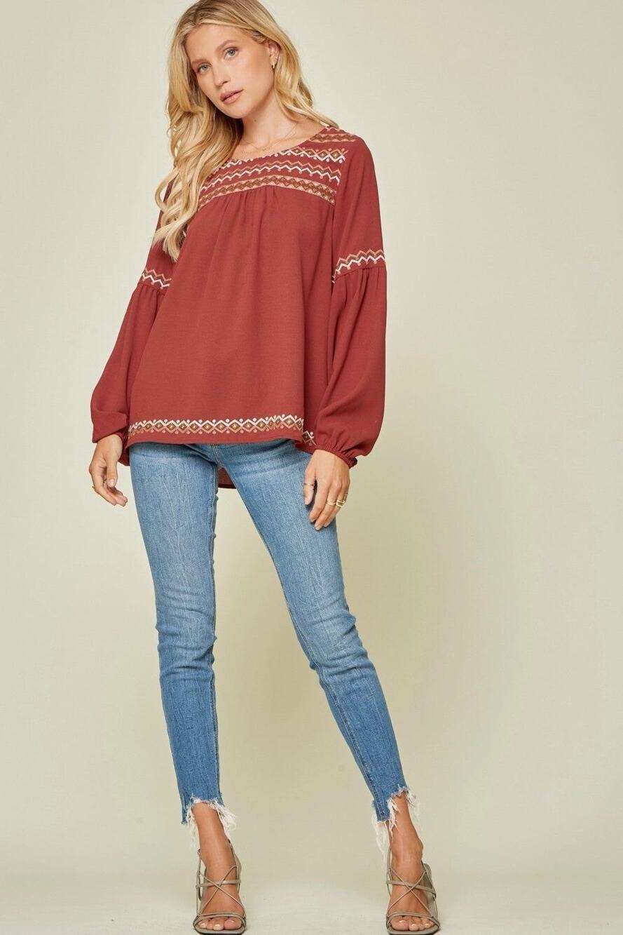 Savanna Jane Boho Long Sleeve Embroidered Top Size Small
